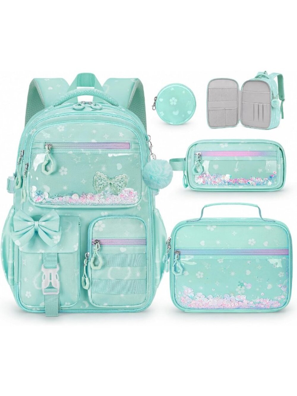 Kawaii Girls Backpack Set with Lunch Box - 4 PCS Cute School Bookbag for Kids